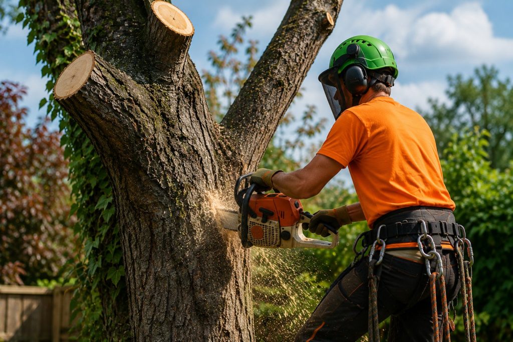 Tree surgeon carrying out safe tree felling work in a residential garden in Essex using professional climbing and chainsaw equipment