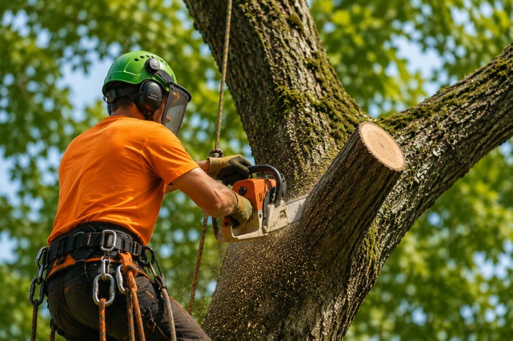Tree surgeon carrying out tree felling work in Billericay using specialist climbing and chainsaw equipment