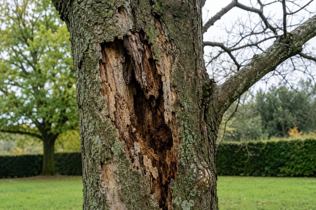 Diseased tree trunk showing visible decay and structural damage in an Essex garden