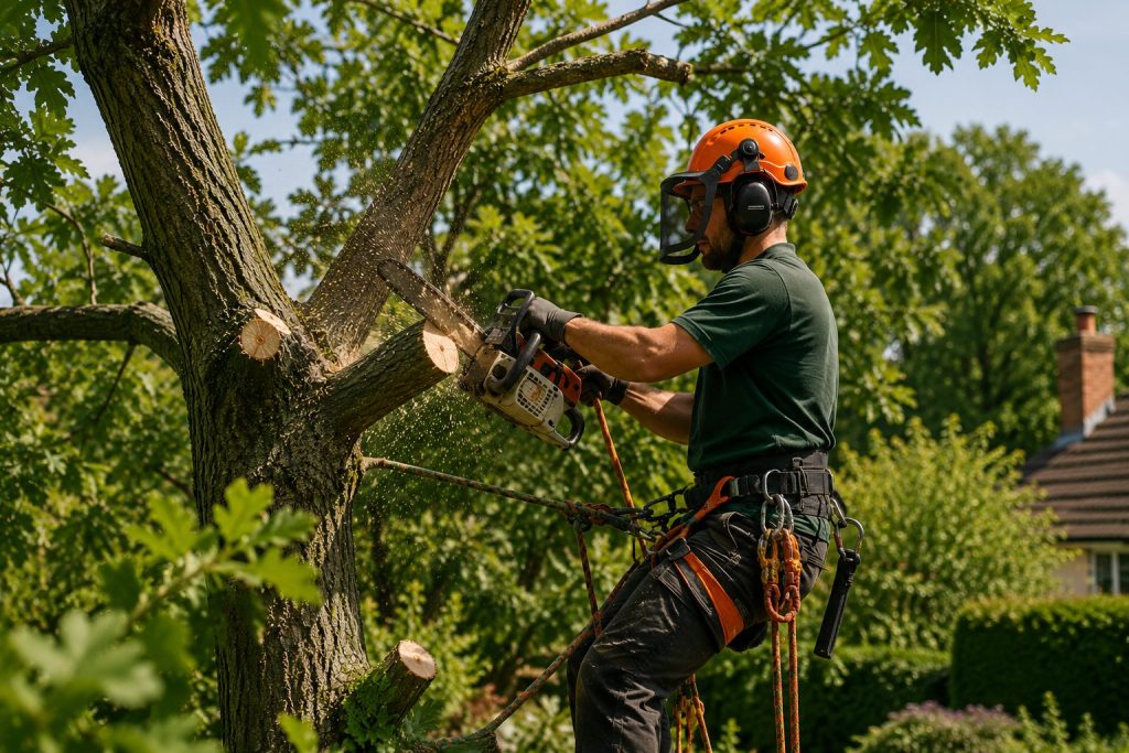 Tree surgeon carrying out tree maintenance in Ingatestone garden using professional pruning equipment.