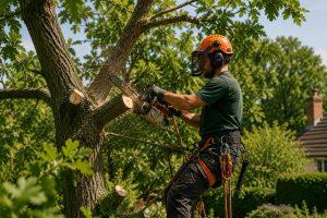 Tree surgeon carrying out tree maintenance in Ingatestone garden using professional pruning equipment.