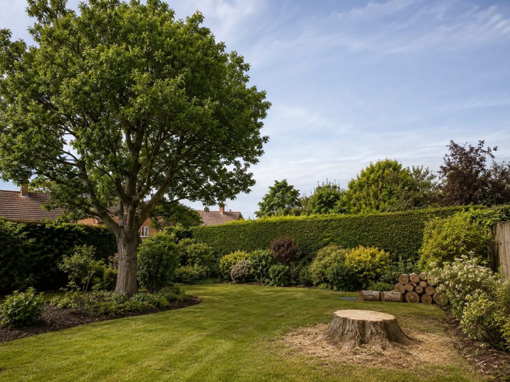 Healthy garden tree beside a recently removed tree stump showing the choice between tree maintenance and tree removal.