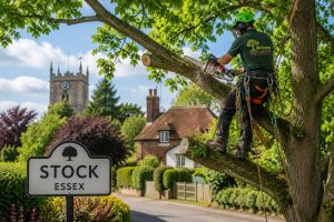 Tree surgeon carrying out professional tree pruning in Stock, Essex, near the village centre