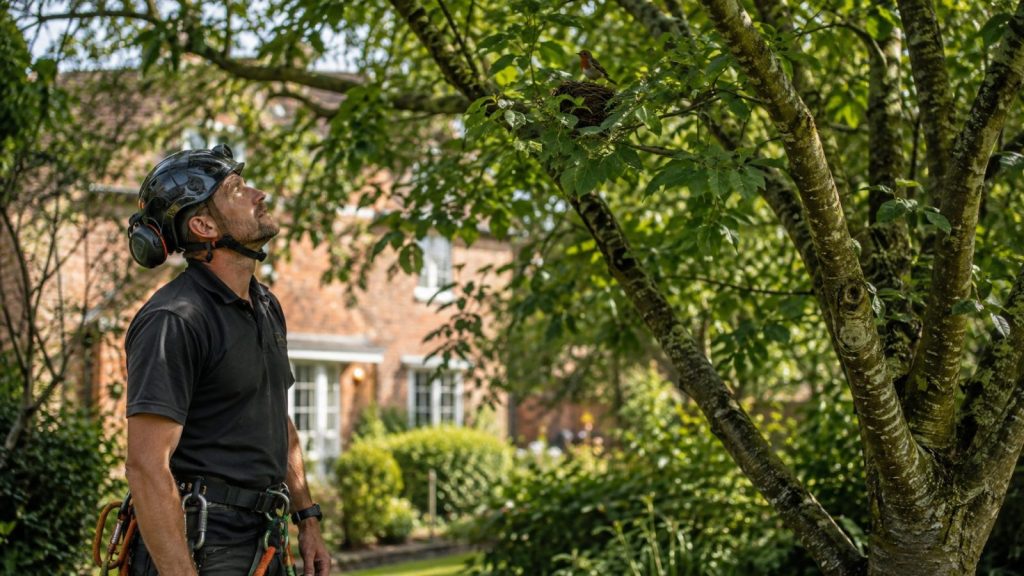Professional tree surgeon checking an Essex garden tree for nesting birds before pruning.