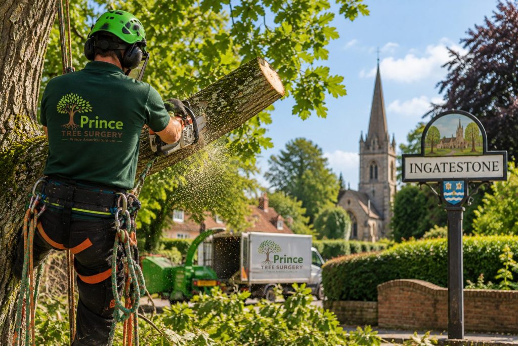 Tree surgeon carrying out professional tree surgery in Ingatestone, Essex, with specialist climbing and chainsaw equipment