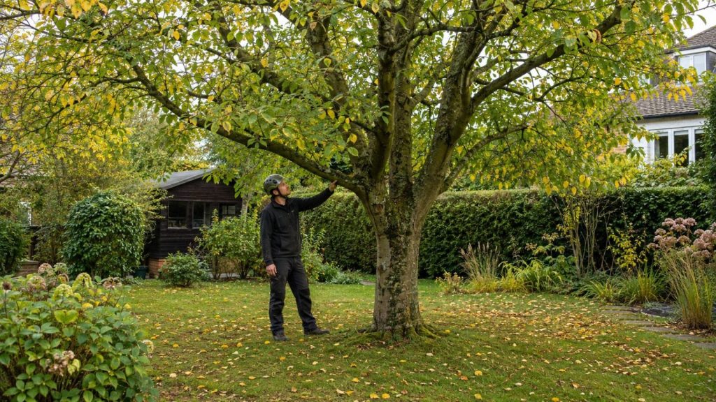 Tree surgeon inspecting premature leaf fall on a mature tree in an Essex garden